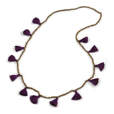 Boho Style Bronze Glass Bead with Purple Cotton Tassel Long Necklace - 96cm L