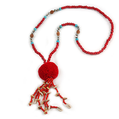 Red Wood, Glass, Sea Shell, Tree Seed Bead with Pom Pom Tassel Long Necklace - 80cm L/ 16cm Tassel