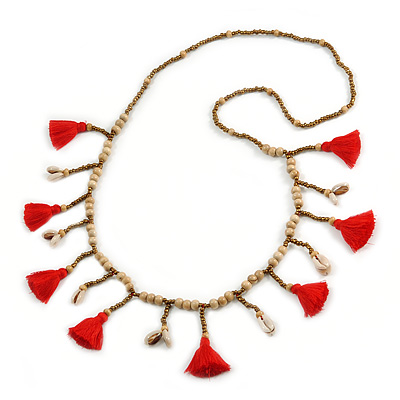 Long Natural Wood, Bronze Glass Bead with Red Cotton Tassel Necklace - 100cm L