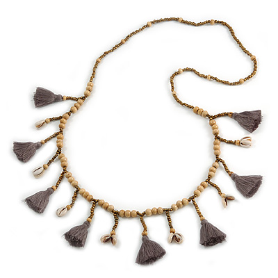 Long Natural Wood, Bronze Glass Bead with Grey Cotton Tassel Necklace - 100cm L