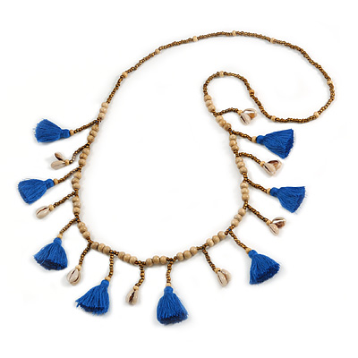 Long Natural Wood, Bronze Glass Bead with Blue Cotton Tassel Necklace - 100cm L