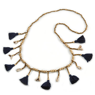 Long Natural Wood, Bronze Glass Bead with Dark Blue Cotton Tassel Necklace - 100cm L
