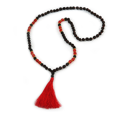Statement Dark Brown Tree Seed and Red Acrylic Bead Necklace with Red Silk Tassel - 94cm L/ 11cm Tassel