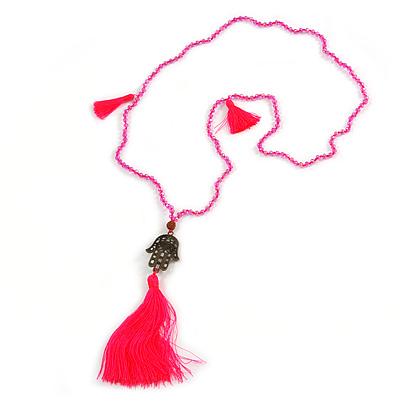 Deep Pink Crystal Bead Necklace with Bronze Tone Hamsa Hand Charm/ Silk Tassel Pendant - 80cm L/ 14cm Tassel