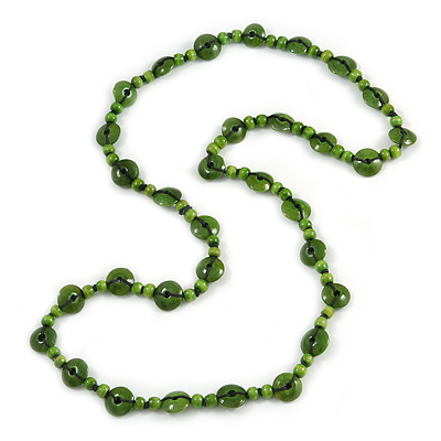 Long Lime Green Wood Button Bead Necklace - 110cm Long