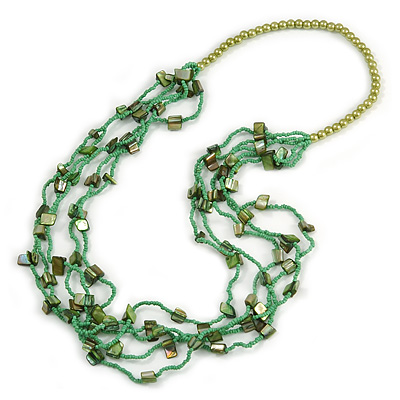 Long Multistrand Light Green/ Grass Green Shell/ Glass Bead Necklace - 76cm L