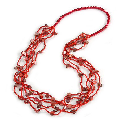 Long Multistrand Red Shell/ Glass Bead Necklace - 76cm L