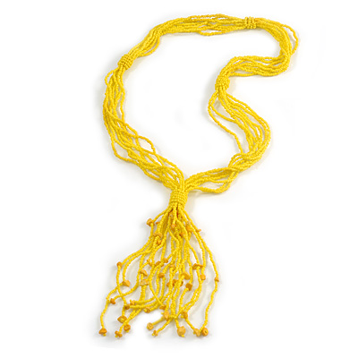 Statement Multistrand Banana Yellow Glass Bead, Semiprecious Stone Tassel Necklace - 66cm L/ 12cm Tassel - main view