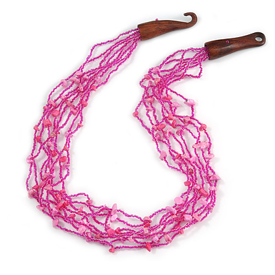 Ethnic Multistrand Pink Glass Bead, Semiprecious Stone Necklace With Wood Hook Closure - 60cm L - main view