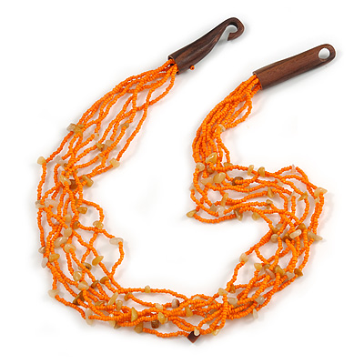 Ethnic Multistrand Orange Glass Bead, Semiprecious Stone Necklace With Wood Hook Closure - 60cm L - main view
