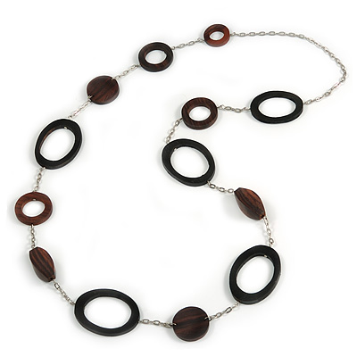 Statement Brown Wooden Bead with Silver Tone Chain Long Necklace - 110cm L