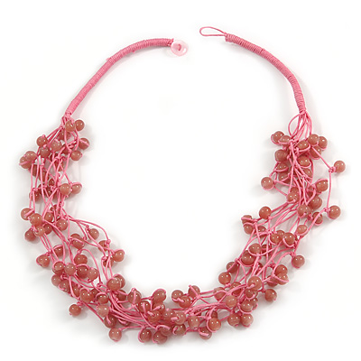 Multistrand Pink Ceramic Bead Cotton Cord Necklace - 58cm Long