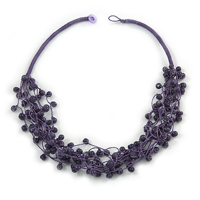 Multistrand Violet Ceramic Bead Cotton Cord Necklace - 58cm Long