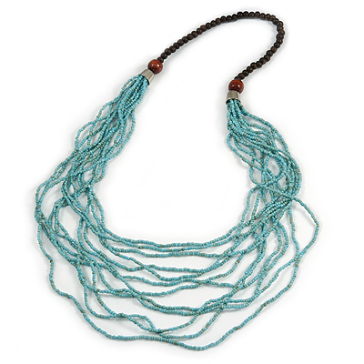 Statement Multistrand Light Blue Glass Bead, Brown Wood Bead Necklace - 110cm L