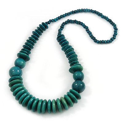 Dark Teal Wood Bead Necklace - 70cm Long - main view
