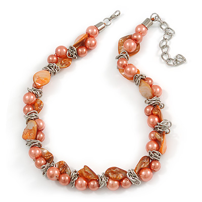 Exquisite Faux Pearl & Shell Composite Silver Tone Link Necklace In Orange - 44cm L/ 7cm Ext