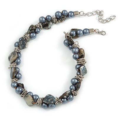 Exquisite Faux Pearl & Shell Composite Silver Tone Link Necklace In Grey - 44cm L/ 7cm Ext