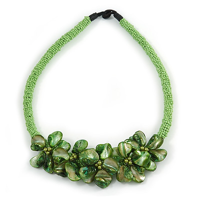 Stunning Lime Green Glass Bead with Forest Green Shell Floral Motif Necklace - 48cm Long