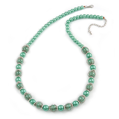 Light Green Glass Bead with Silver Tone Metal Wire Element Necklace - 64cm L/ 4cm Ext