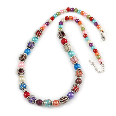 Multicoloured Glass Bead with Silver Tone Metal Wire Element Necklace - 64cm L/ 4cm Ext