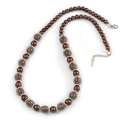 Chocolate Brown Glass Bead with Silver Tone Metal Wire Element Necklace - 64cm L/ 4cm Ext