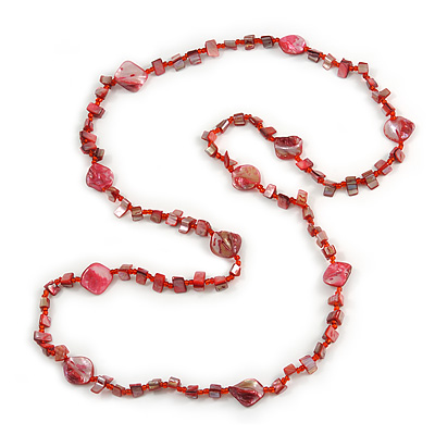 Long Red Glass Bead, Sea Shell Nugget Necklace - 126cm L