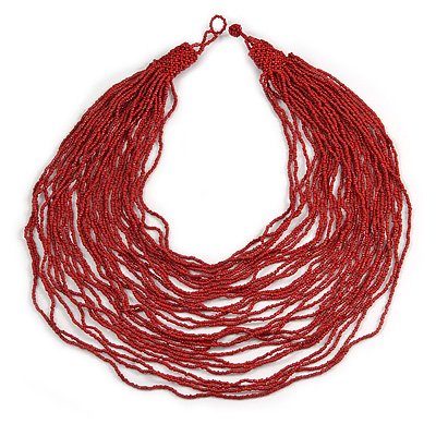 Chunky Ox Blood Red Glass Bead Bib Multistrand Layered Necklace - 80cm L
