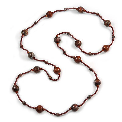 Statement Brown Glass Bead with Brown/ Black Wood Ball Long Necklace - 145cm L