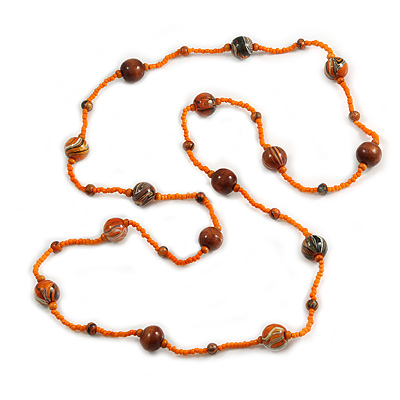 Statement Orange Glass Bead with Brown/ Orange Wood Ball Long Necklace - 145cm L