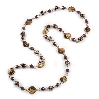 Long Glass and Shell Bead with Silver Tone Metal Wire Element Necklace In Brown - 120cm L