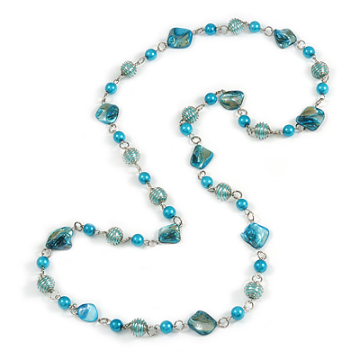 Long Glass and Shell Bead with Silver Tone Metal Wire Element Necklace In Light Blue/ Azure - 120cm L - main view