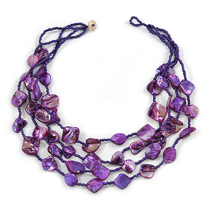 Multistrand Purple Sea Shell and Glass Bead Necklace - 60cm Long