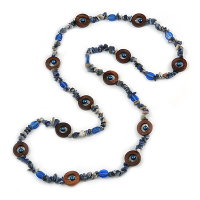 Long Blue Semiprecious Stone, Ceramic Bead, Brown Wood Ring Necklace - 102cm L