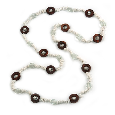 Long White Semiprecious Stone, Ceramic Bead, Brown Wood Ring Necklace - 102cm L