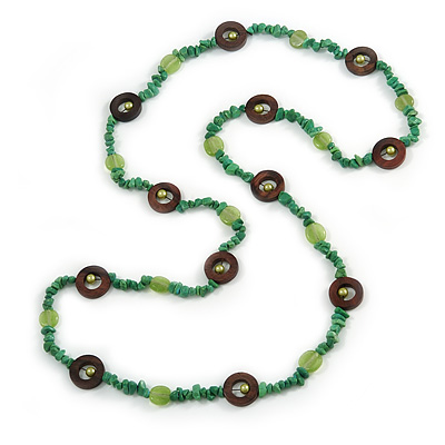 Long Forest Green Semiprecious Stone, Ceramic Bead, Brown Wood Ring Necklace - 106cm L