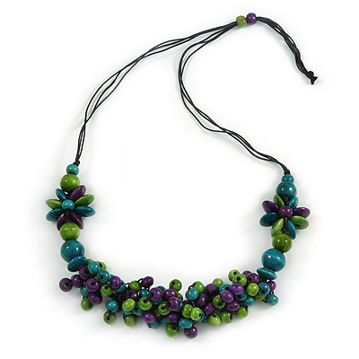 Teal/ Purple/ Lime Green Wood Bead Cluster Black Cotton Cord Necklace - 76cm L/ Adjustable