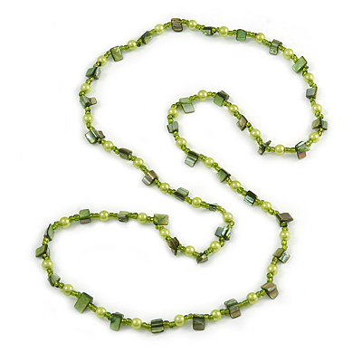 Lime/ Green Glass and Shell Bead Long Necklace - 106cm Long