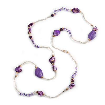 Long Purple/ Transparent Shell, Acrylic, Wood Bead Necklace - 116cm L