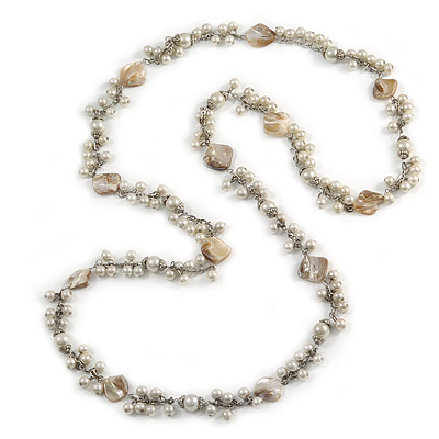Long Cream Glass Bead, Antique White Sea Shell with Silver Tone Chain Necklace - 140cm L