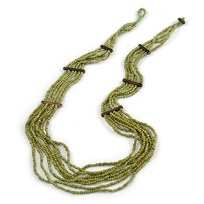 Multistrand Layered Olive Green Glass Bead Necklace - 66cm L