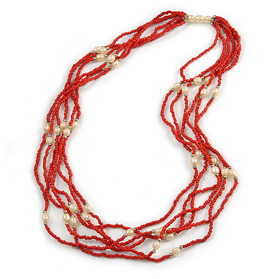 Multistrand Red Glass Bead Cream Faux Pearl Long Necklace - 70cm L