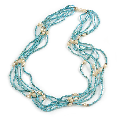 Multistrand Dusty Light Blue Glass Bead Cream Faux Pearl Long Necklace - 70cm L