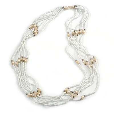 Multistrand Snow White Glass Bead Cream Faux Pearl Long Necklace - 70cm L