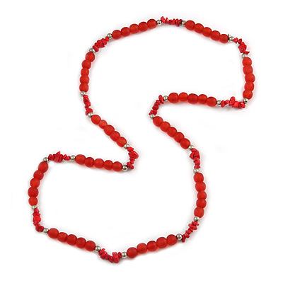 Red Resin Bead, Semiprecious Stone Long Necklace - 86cm L
