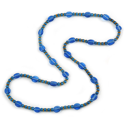 Stylish Blue Ceramic, Glass Bead with Gold Tone Metal Rings Long Necklace - 90cm L