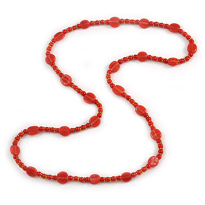 Stylish Carrot Red Ceramic, Glass Bead with Gold Tone Metal Rings Long Necklace - 90cm L