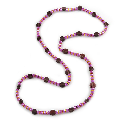 Stylish Purple/ Pink Ceramic/Glass Bead with Gold Tone Metal Rings Long Necklace - 90cm L