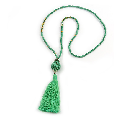 Spring Green Glass Bead Cotton Tassel Necklace - 72cm L/ 14cm Tassel