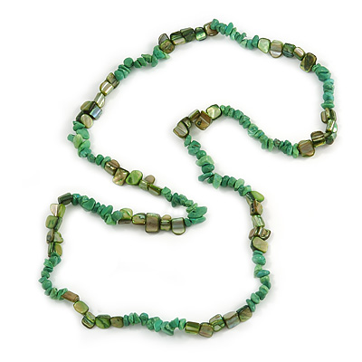 Stylish Semiprecious Stone, Shell Nugget Necklace In Green - 88cm Long