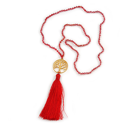 Red Crystal Bead Necklace with Gold Tone Tree Of LIfe/ Silk Tassel Pendant - 84cm L/ 10cm Tassel